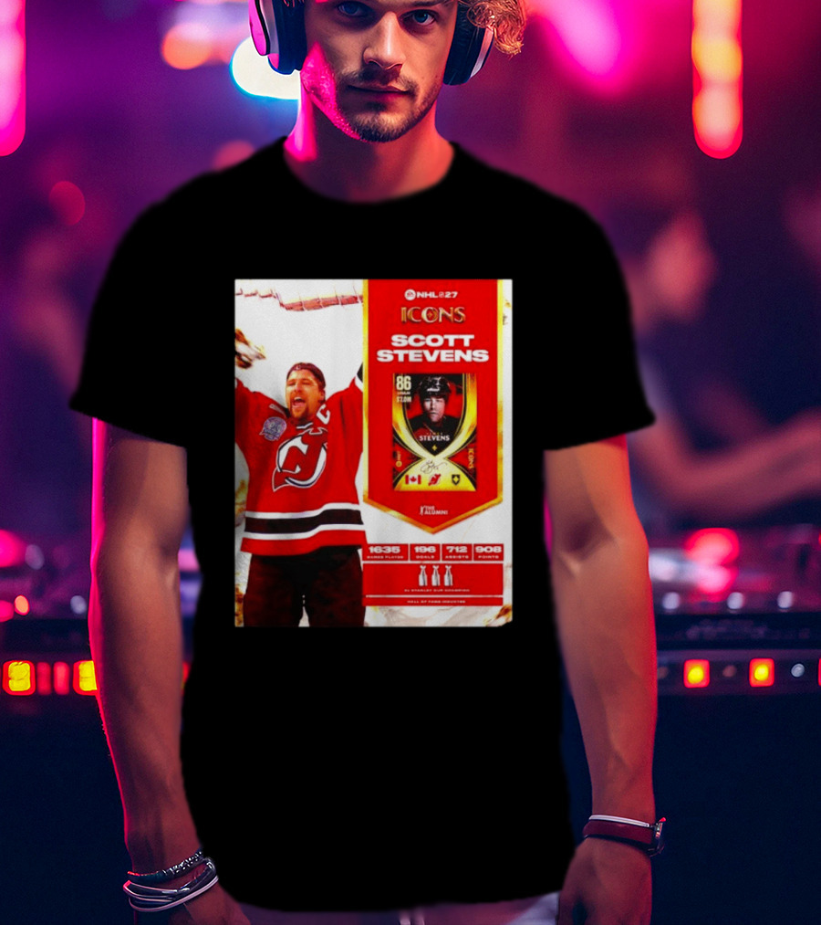 NHL 27 Icons Scott Stevens New Jersey Devils Hall Of Fame Legend T-Shirt