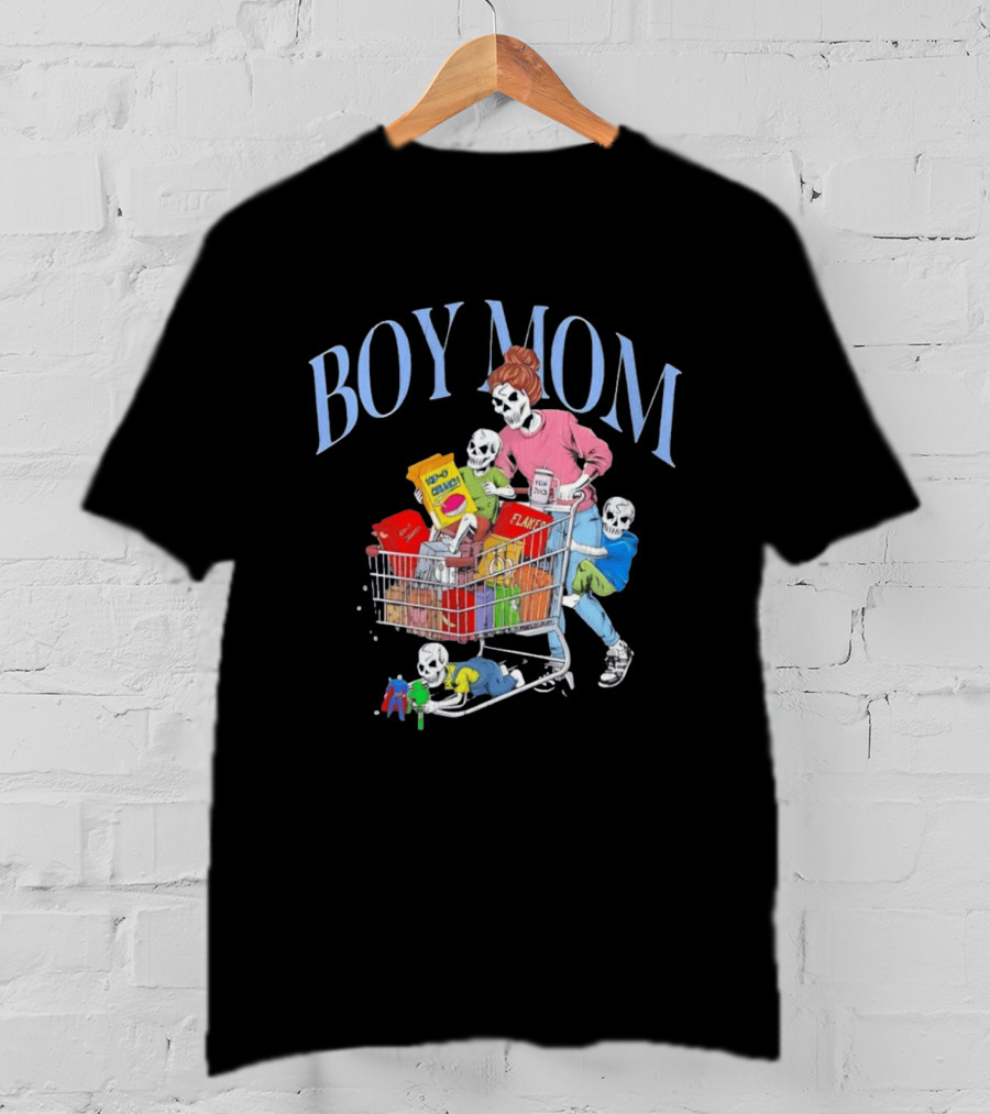 Boy Mom Skeleton With Kids Pushing Shopping Cart Eating Cereal T-Shirt