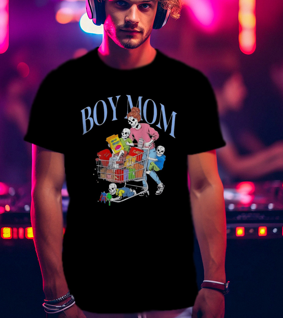Boy Mom Skeleton With Kids Pushing Shopping Cart Eating Cereal T-Shirt