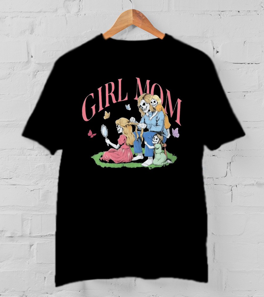 Girl Mom Skeleton Mother Braiding Hair With Daughters And Butterflies T-Shirt