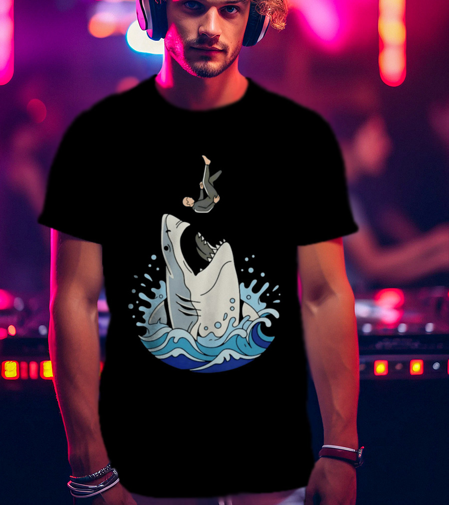 Great White Shark Surfer Falling Water Splash Scene T-Shirt