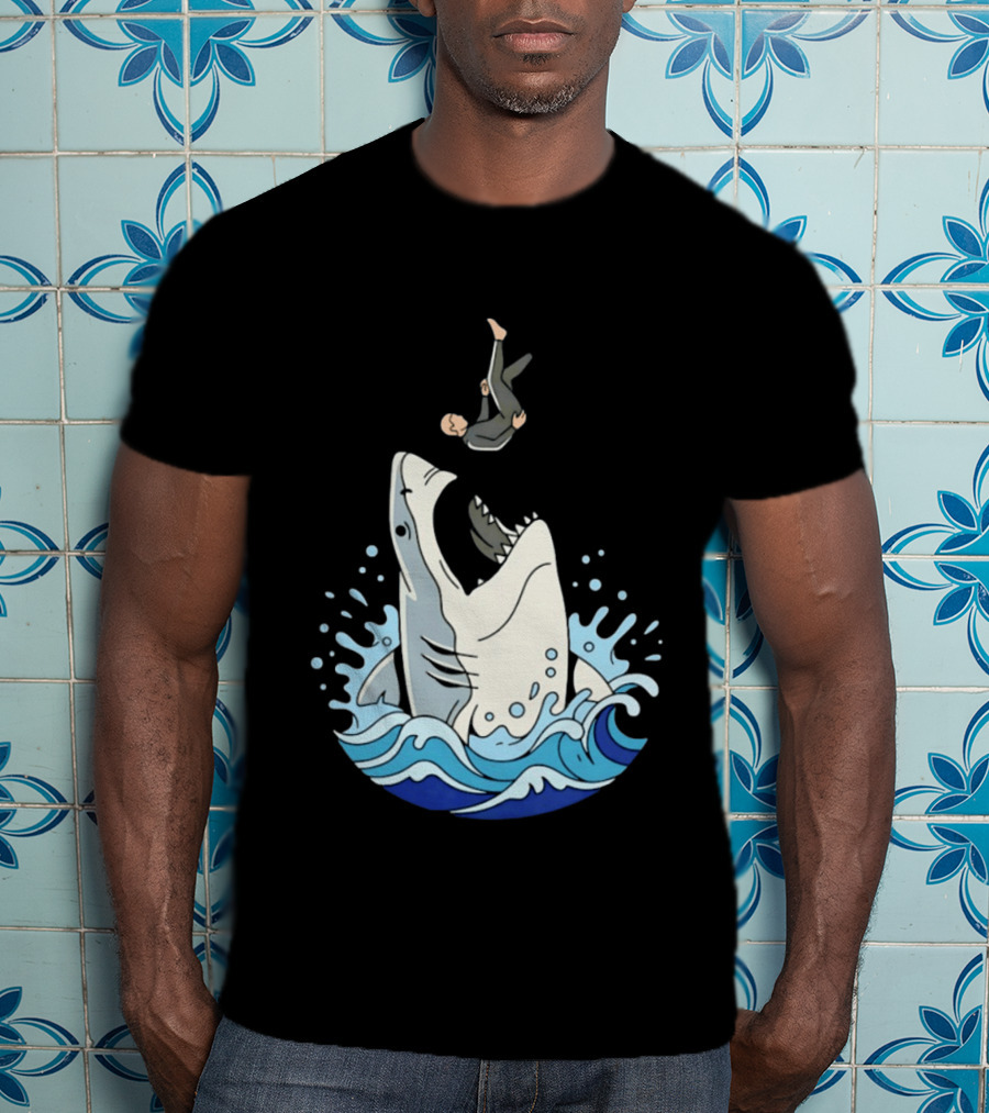 Great White Shark Surfer Falling Water Splash Scene T-Shirt