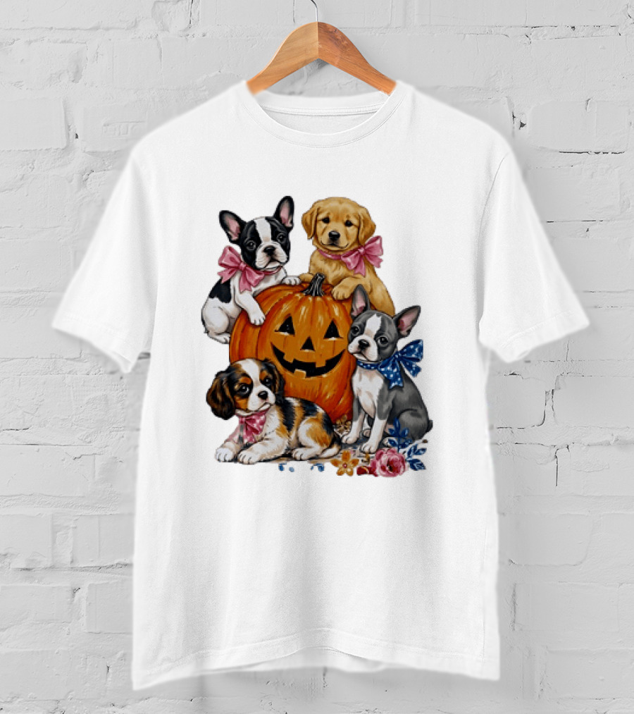 Puppies With Pink And Blue Bows Jack O' Lantern Pumpkin Halloween T-Shirt
