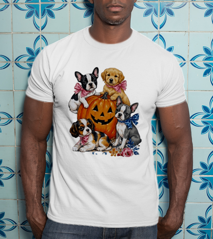 Puppies With Pink And Blue Bows Jack O' Lantern Pumpkin Halloween T-Shirt