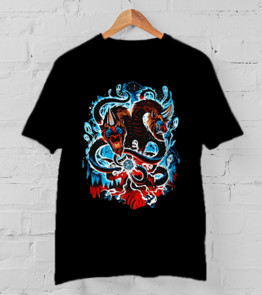 Demogorgon Dungeons And Dragons Two Heads Souls Blue Flames 20 T-Shirt