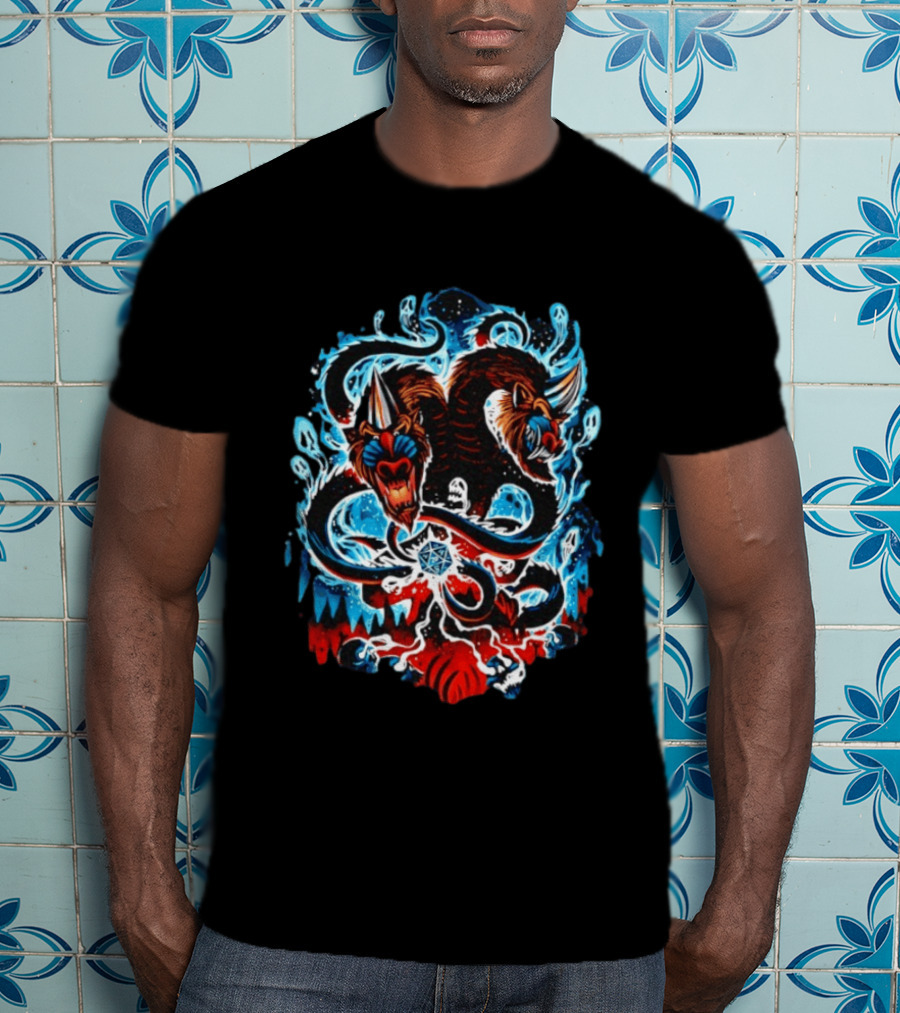 Demogorgon Dungeons And Dragons Two Heads Souls Blue Flames 20 T-Shirt