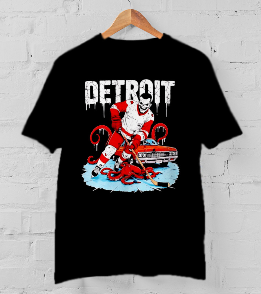 Detroit Hockey Skeleton Octopus Muscle Car T-Shirt