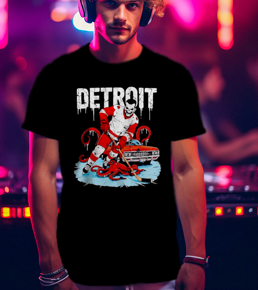 Detroit Hockey Skeleton Octopus Muscle Car T-Shirt