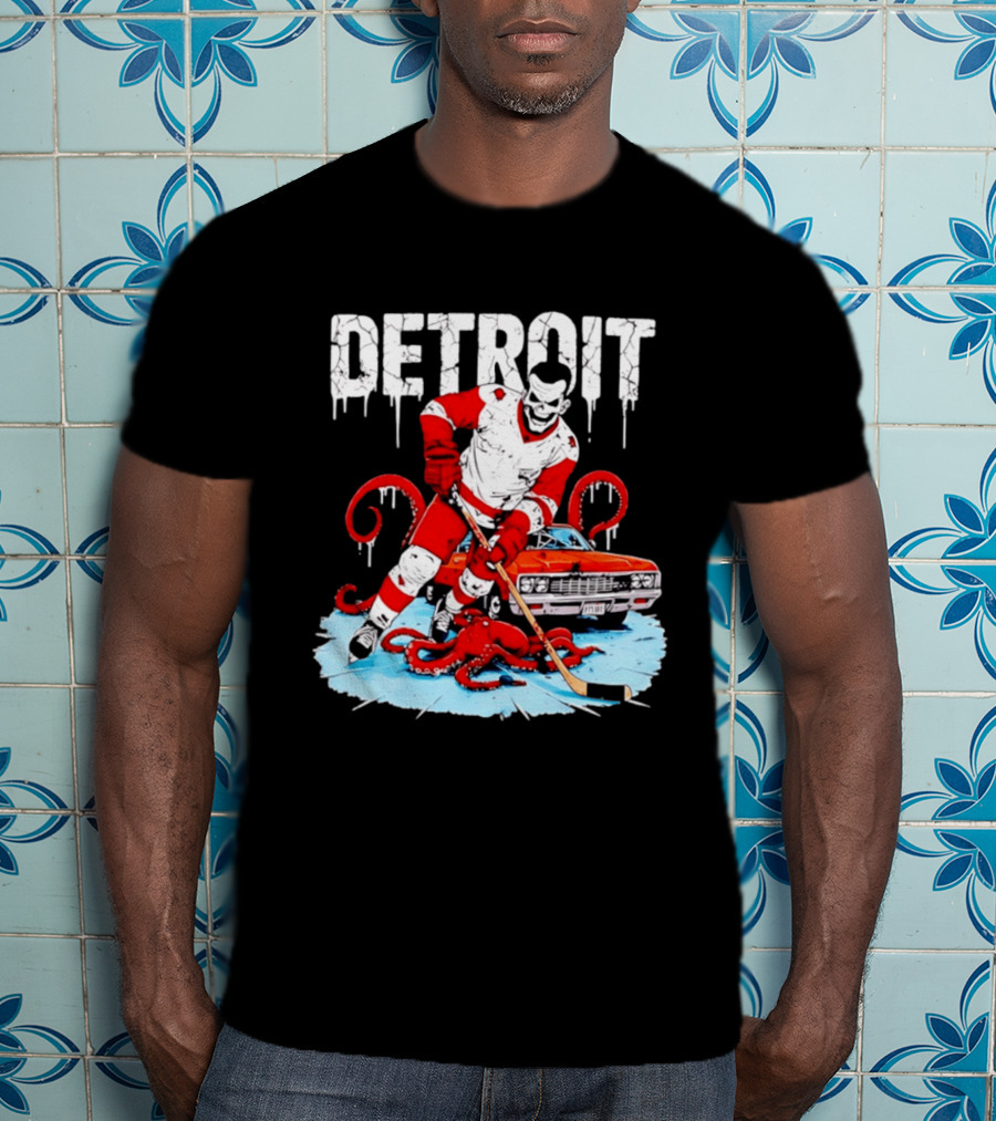 Detroit Hockey Skeleton Octopus Muscle Car T-Shirt
