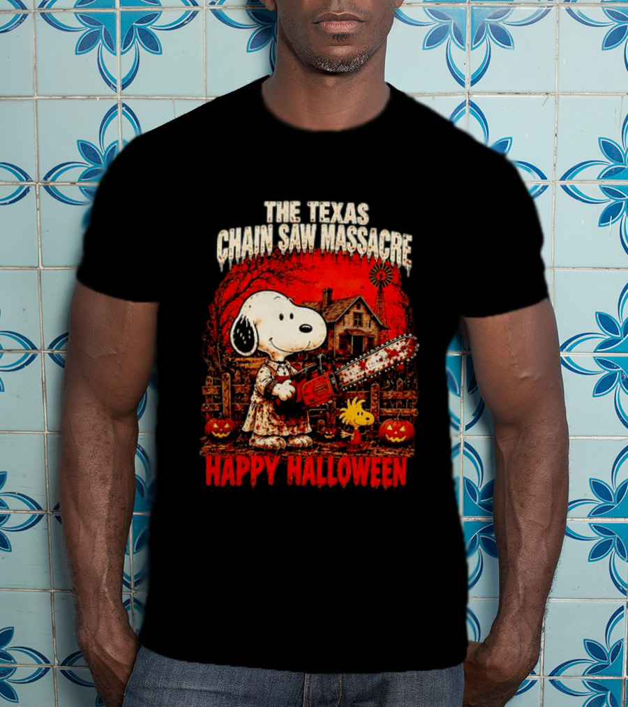 Snoopy Woodstock The Texas Chain Saw Massacre Happy Halloween Scene T-Shirt