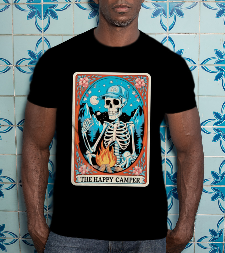 The Happy Camper Skeleton 33 Marshmallow Campfire Scene T-Shirt
