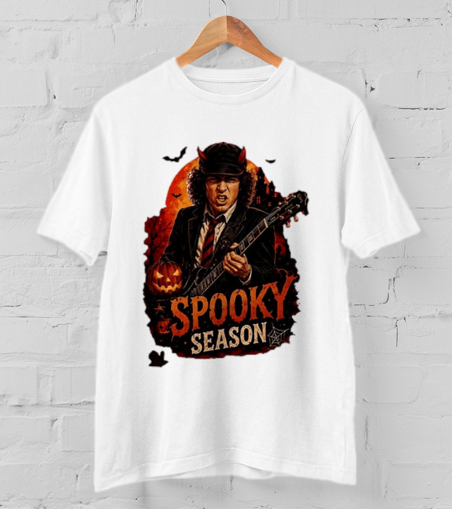 Spooky Season Angus Young Halloween AC DC Inspired Pumpkin Guitar T-Shirt