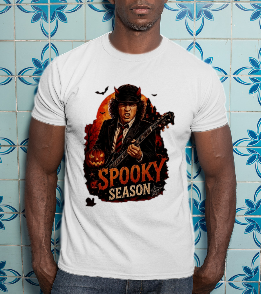 Spooky Season Angus Young Halloween AC DC Inspired Pumpkin Guitar T-Shirt