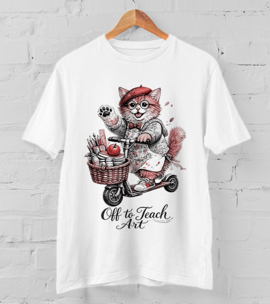 Off To Teach Cat On Scooter With Art Supplies And Apple T-Shirt