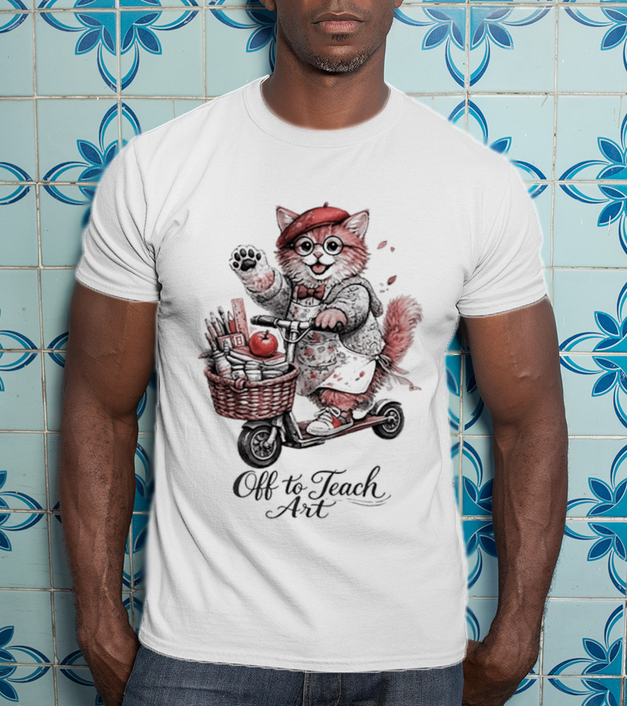 Off To Teach Cat On Scooter With Art Supplies And Apple T-Shirt