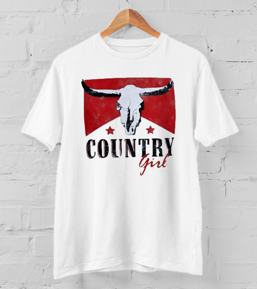 Country Girl Western Bull Skull Red Star Banner T-Shirt