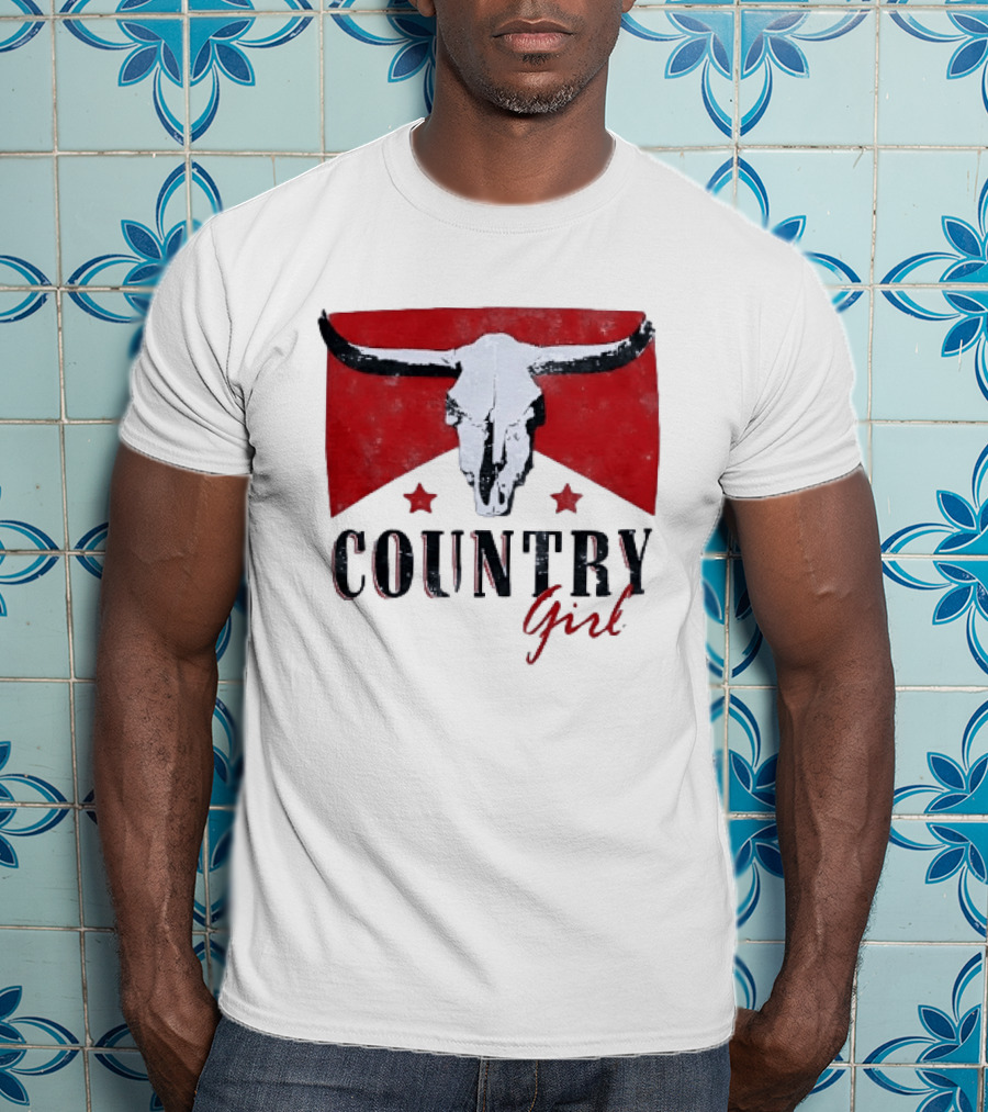 Country Girl Western Bull Skull Red Star Banner T-Shirt