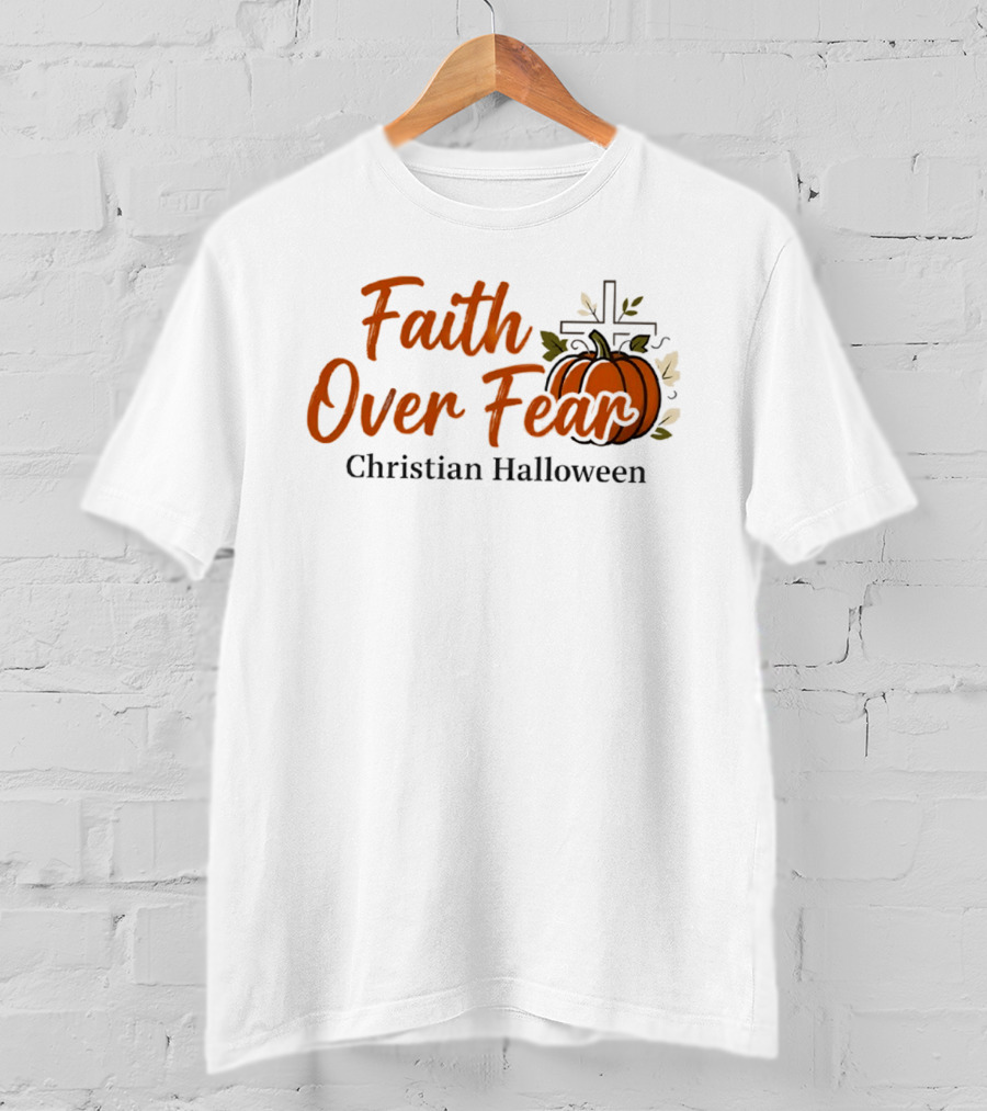 Faith Over Fear Christian Halloween Pumpkin Cross T-Shirt