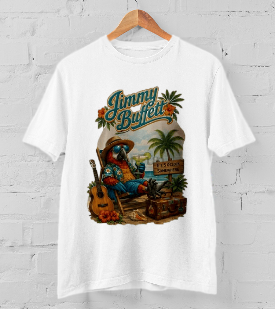 Jimmy Buffett It's 5 O' Somewhere Tropical Parrot Beach Guitar Cocktails Palm Trees T-Shirt