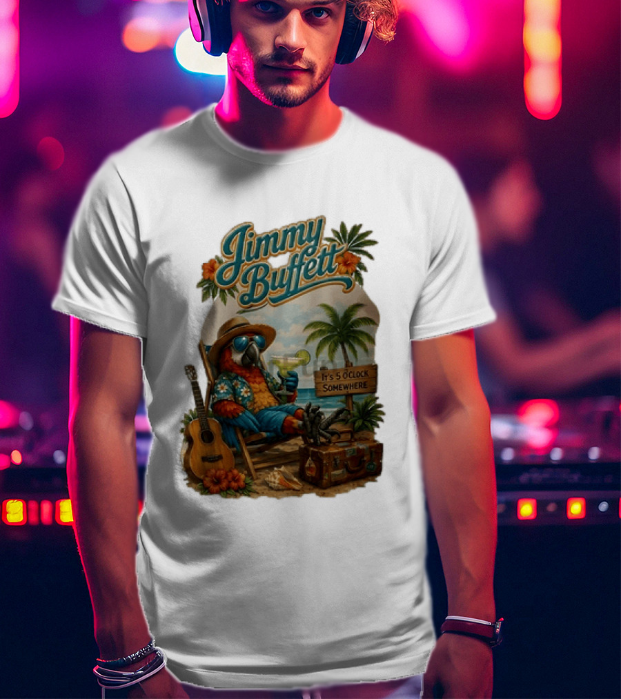 Jimmy Buffett It's 5 O' Somewhere Tropical Parrot Beach Guitar Cocktails Palm Trees T-Shirt