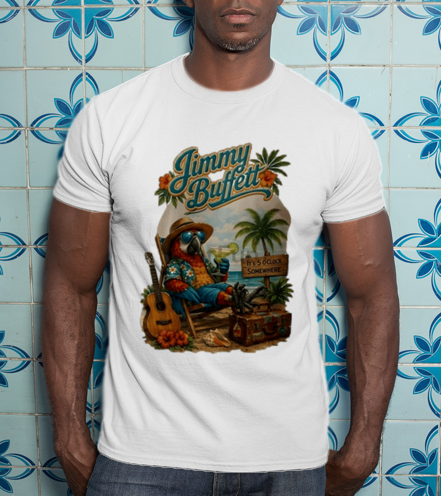 Jimmy Buffett It's 5 O' Somewhere Tropical Parrot Beach Guitar Cocktails Palm Trees T-Shirt