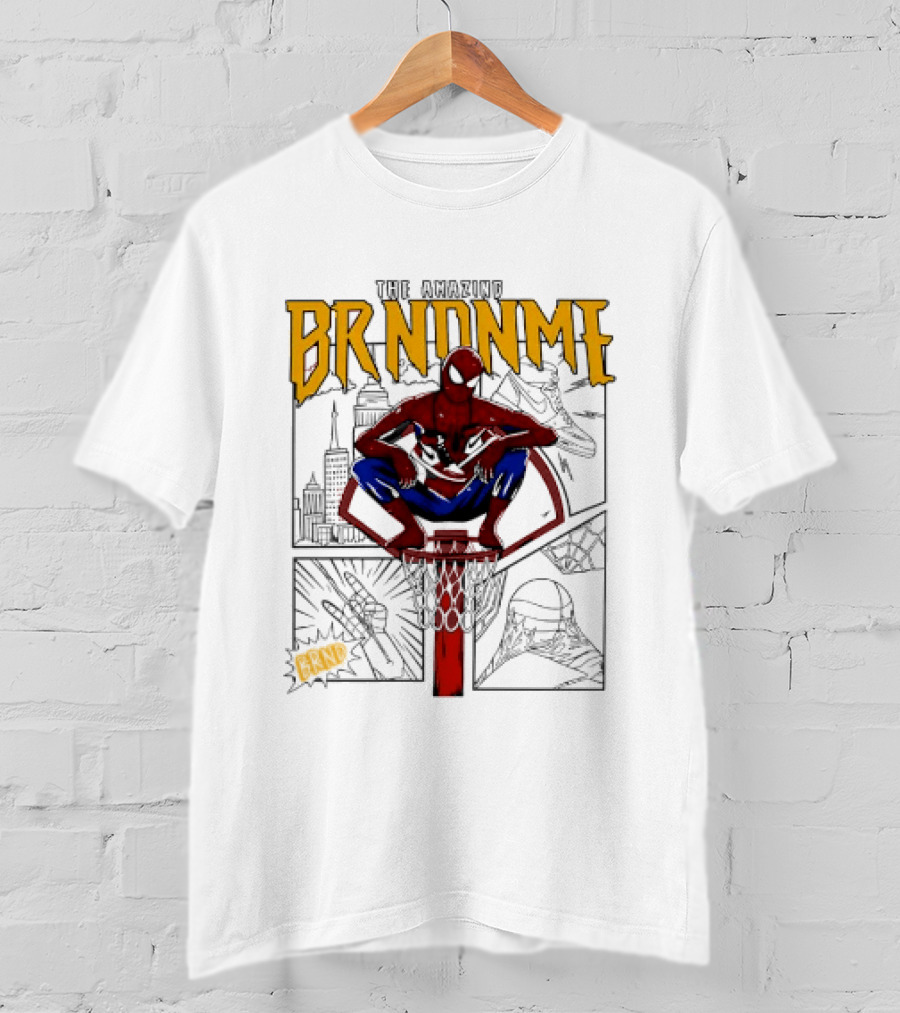 The Amazing Brndnme Spider Man Squatting On Basketball Hoop Cityscape Comic Panels T-Shirt
