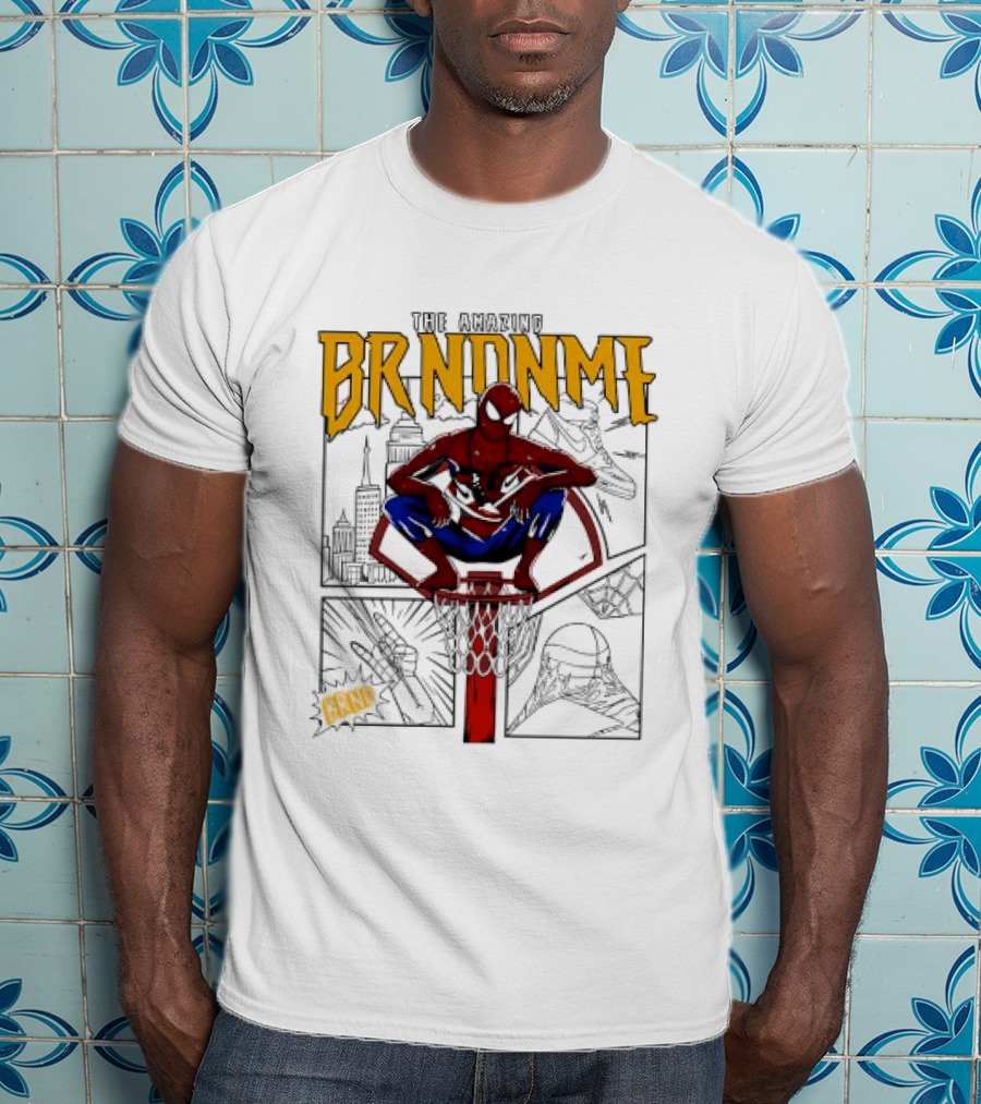 The Amazing Brndnme Spider Man Squatting On Basketball Hoop Cityscape Comic Panels T-Shirt