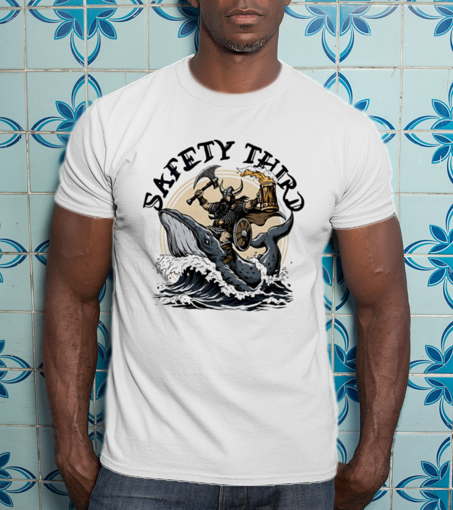 Viking Riding Whale With Beer Horn Safety Third T-Shirt