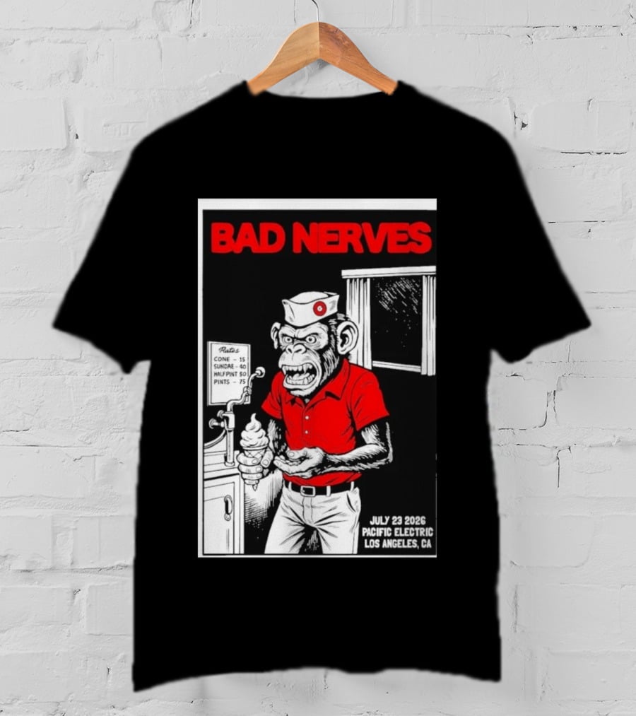Bad Nerves July 23 2026 Pacific Electric Los Angeles Monkey Ice Cream Server Comic T-Shirt