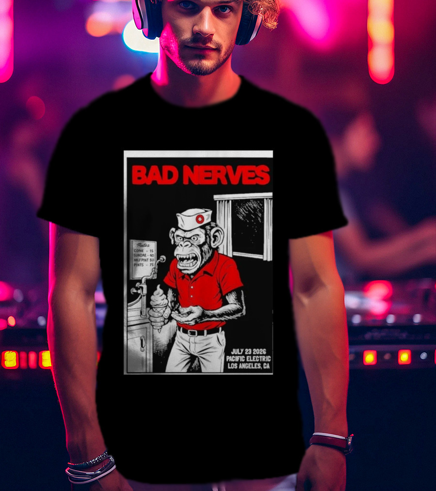 Bad Nerves July 23 2026 Pacific Electric Los Angeles Monkey Ice Cream Server Comic T-Shirt