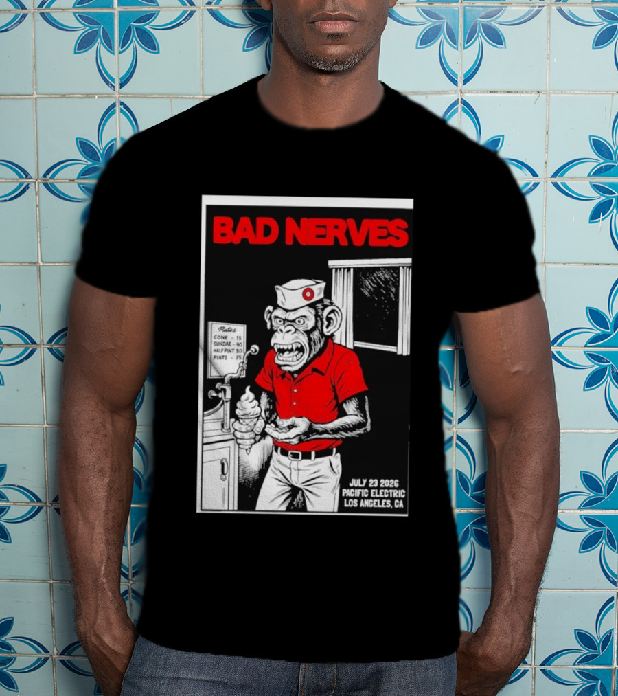 Bad Nerves July 23 2026 Pacific Electric Los Angeles Monkey Ice Cream Server Comic T-Shirt