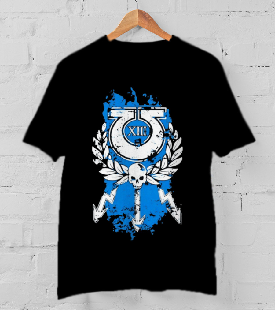 XIII Ultramarines Distressed Warhammer 40k Skull Lightning Laurel T-Shirt