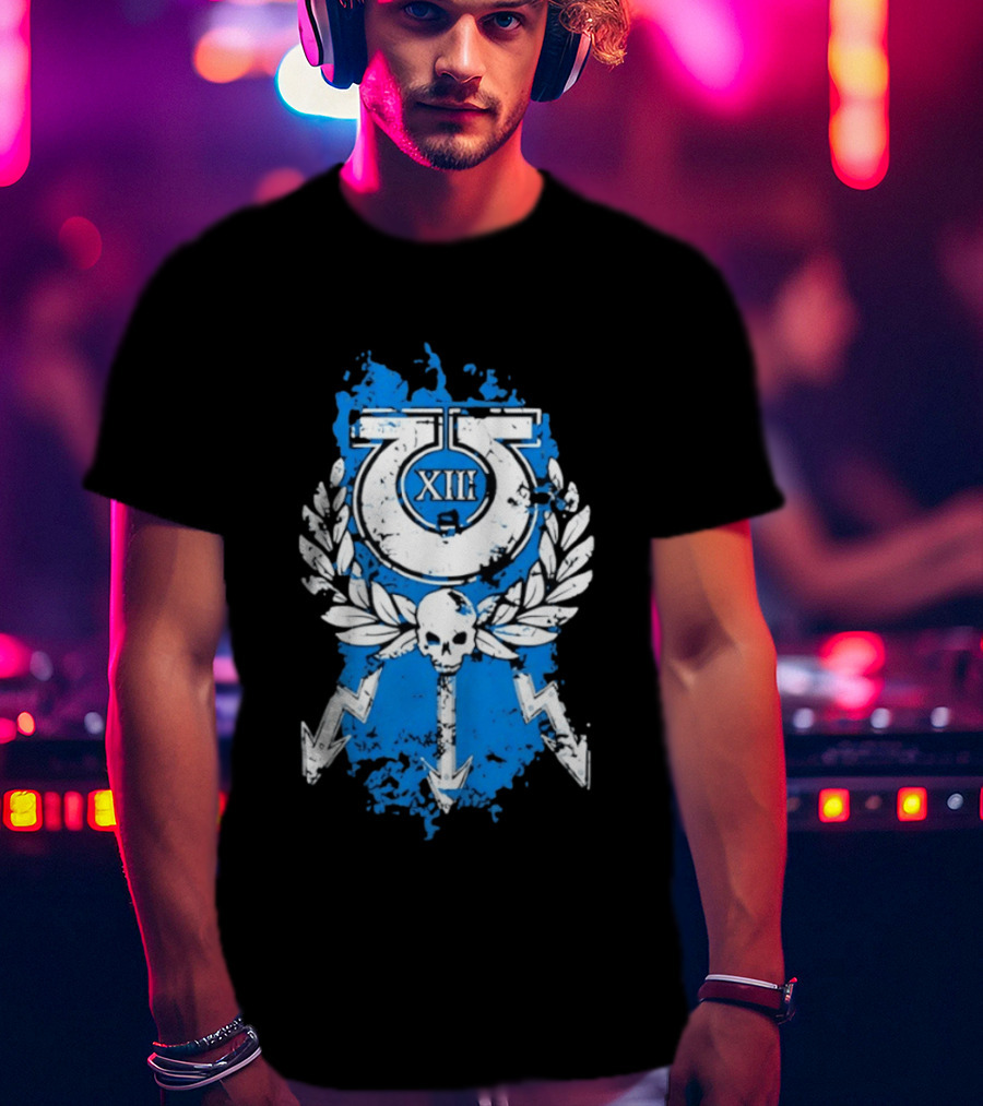 XIII Ultramarines Distressed Warhammer 40k Skull Lightning Laurel T-Shirt