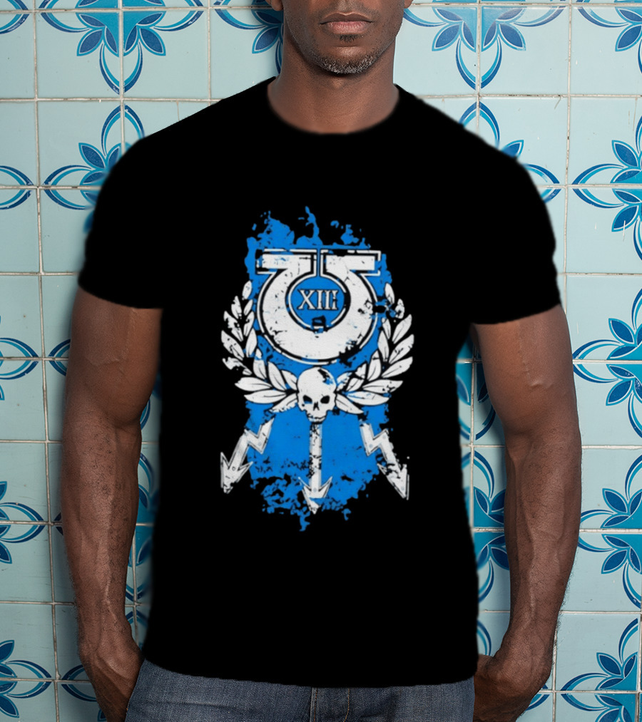 XIII Ultramarines Distressed Warhammer 40k Skull Lightning Laurel T-Shirt
