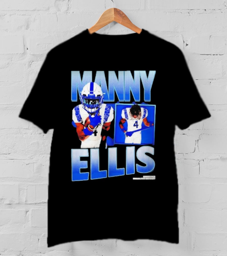 Manny Ellis Indiana State Running Back Football Jersey Number 4 Blue And White T-Shirt