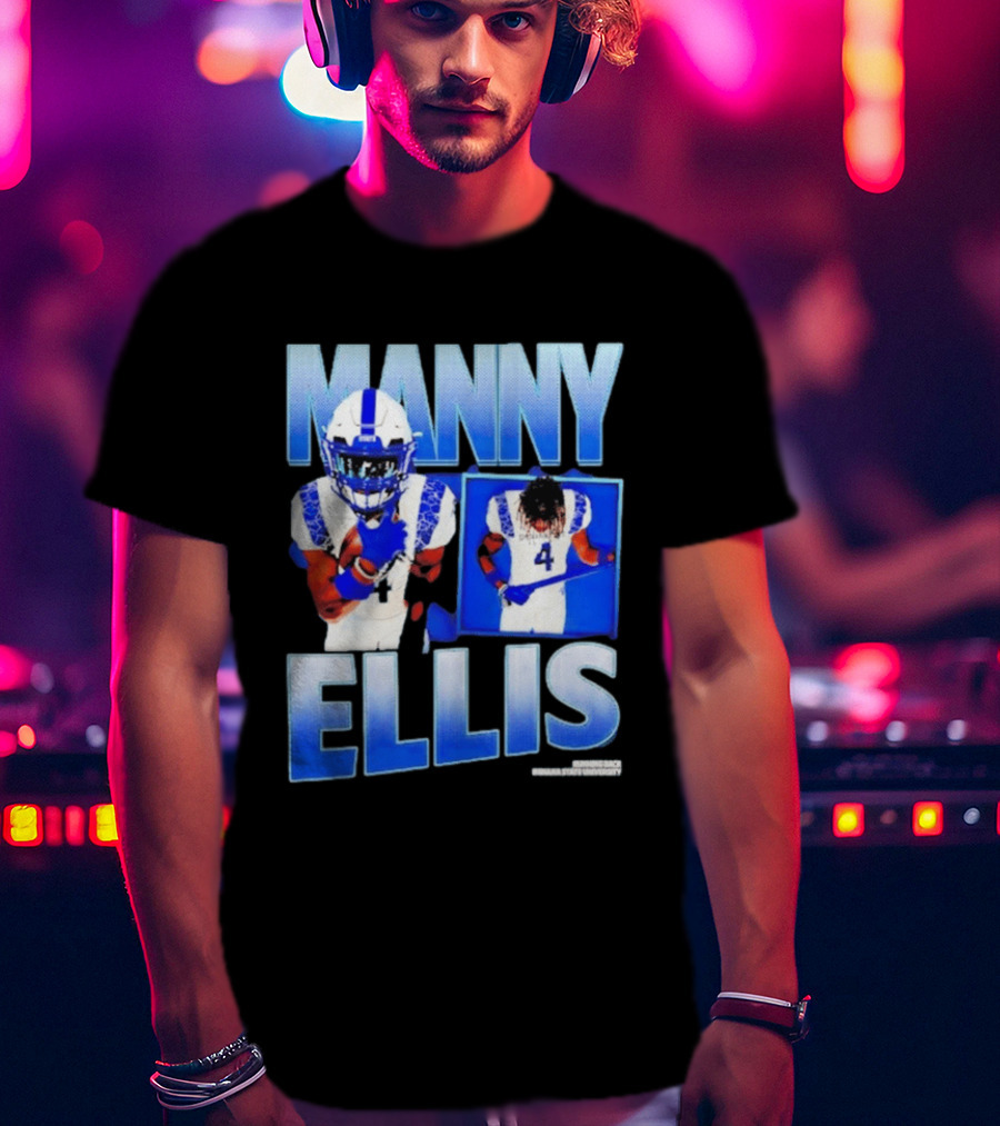 Manny Ellis Indiana State Running Back Football Jersey Number 4 Blue And White T-Shirt