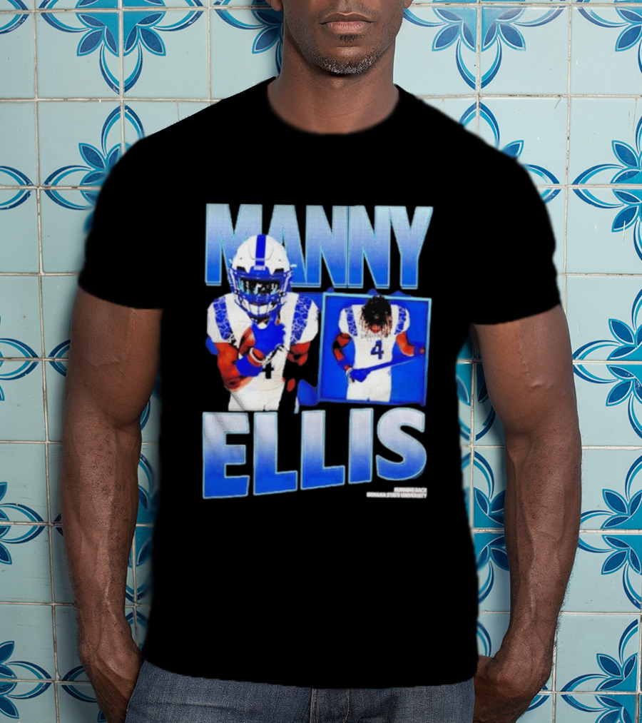 Manny Ellis Indiana State Running Back Football Jersey Number 4 Blue And White T-Shirt