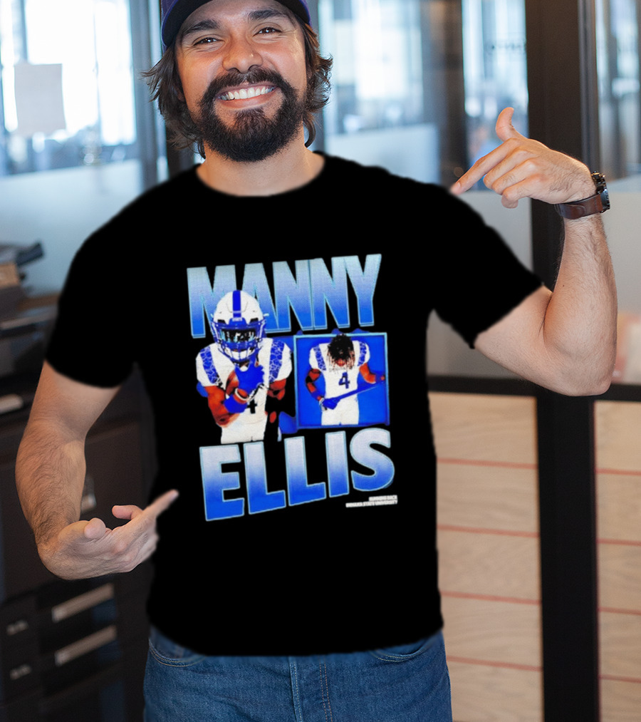 Manny Ellis Indiana State Running Back Football Jersey Number 4 Blue And White T-Shirt