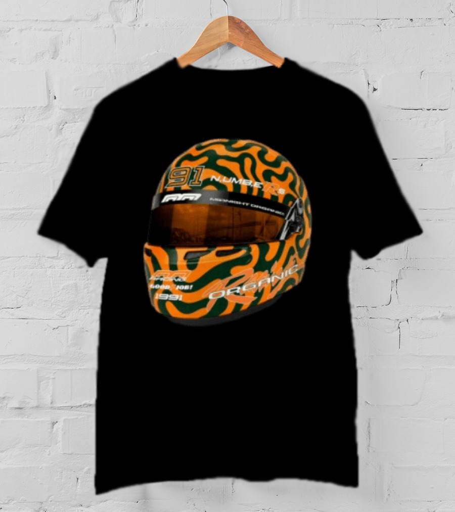 Midnight Organic Store Formula Helmet 91 Number 1991 RPM Orange Green T-Shirt