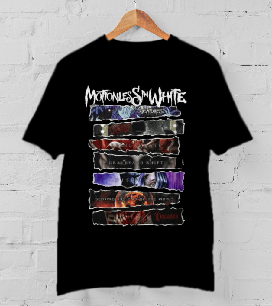 Motionless In White Creatures Infamous Reincarnate Graveyard Shift Disguise Scoring The End Of The World Decades T-Shirt