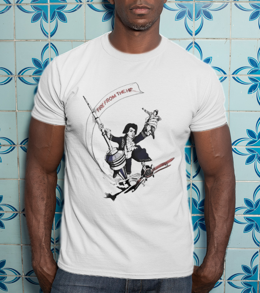 Fire From The Hip Surrealist Surreal Gun Wielding Figure Banner T-Shirt