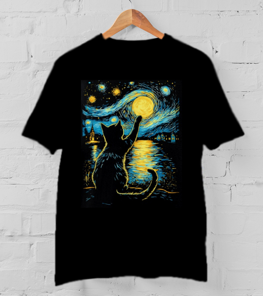 Cat Reaching For The Moon Starry Night Van Gogh Inspired Scene T-Shirt