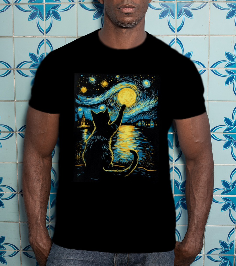 Cat Reaching For The Moon Starry Night Van Gogh Inspired Scene T-Shirt