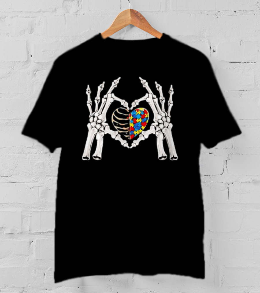 Skeleton Hands Heart Autism Puzzle Piece Awareness T-Shirt