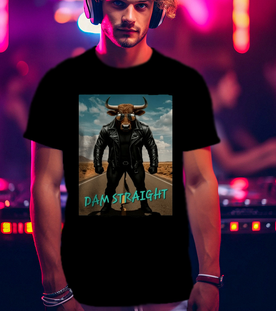 Dam Straight Charging Bull In Basquiat Style With Leather Jacket T-Shirt