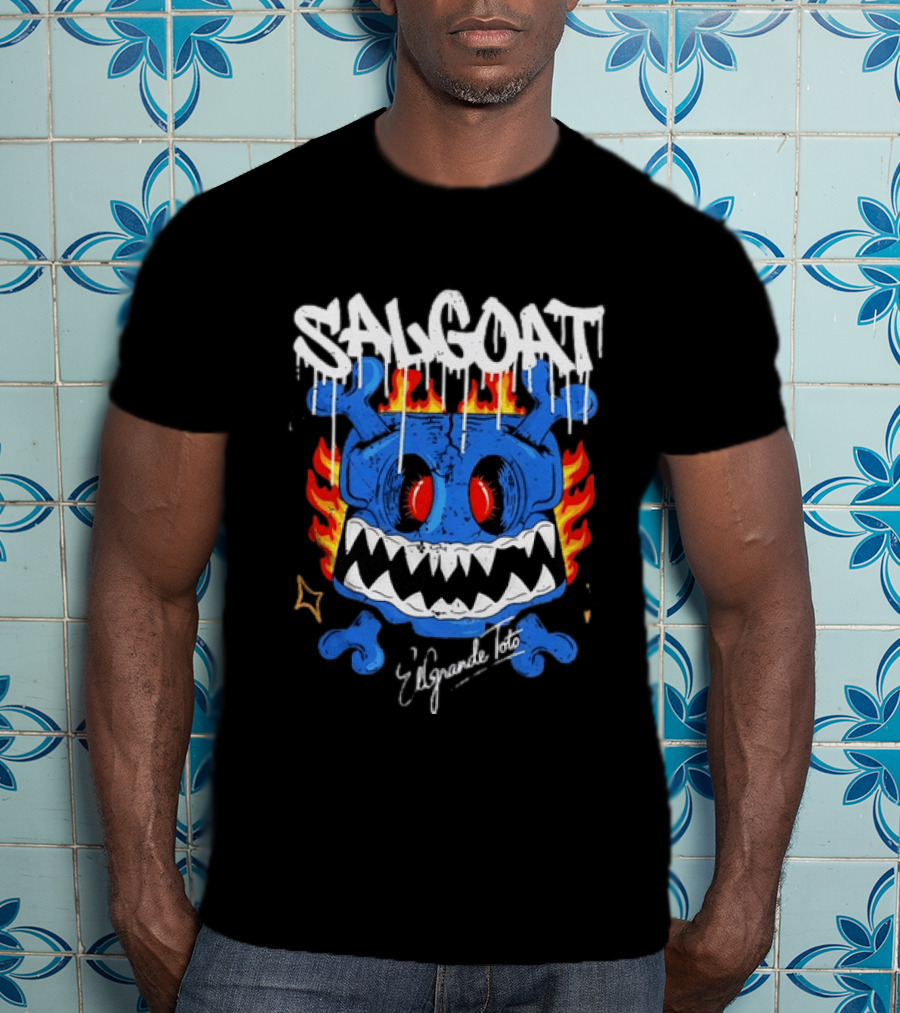 ElGrandeToto Salgoat Hip Hop Streetwear Blue Skull Flame T-Shirt
