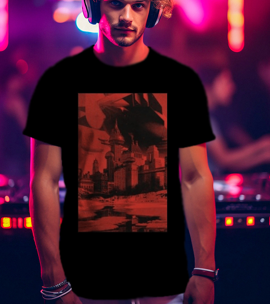 The Barbarians Of California Megatons Pull Retro Futuristic Cityscape Airships T-Shirt