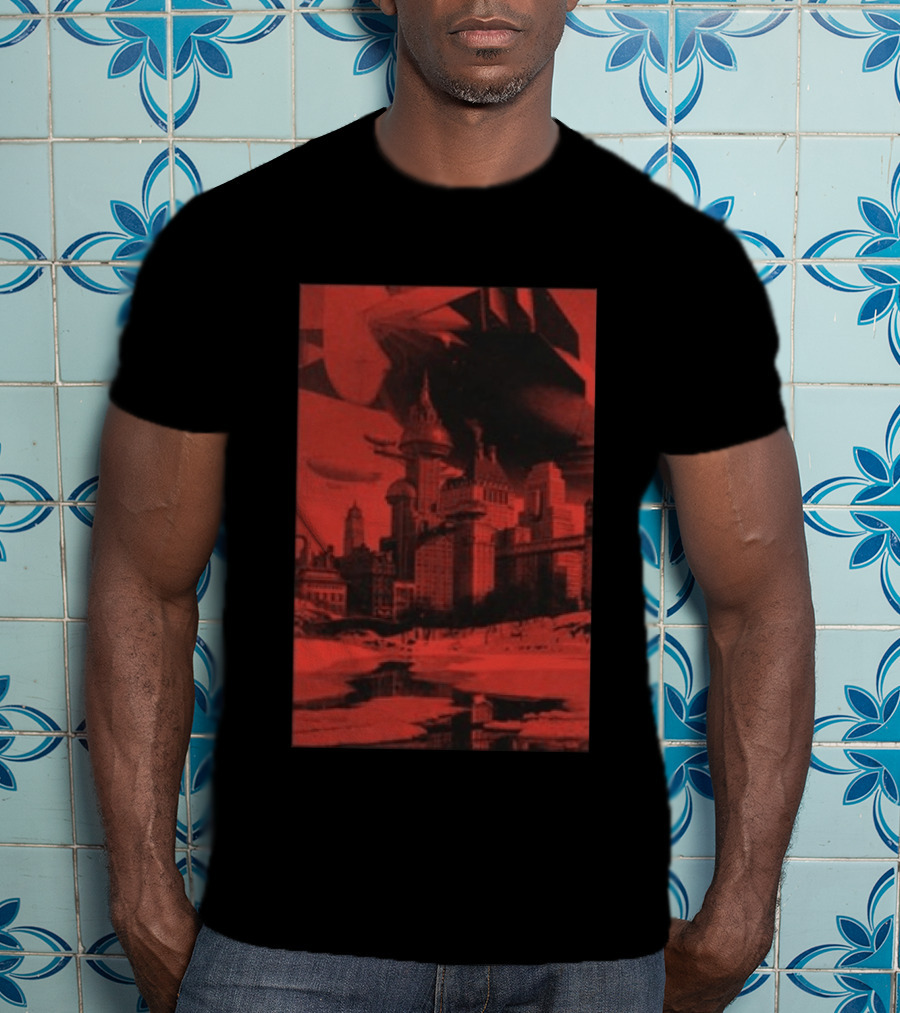 The Barbarians Of California Megatons Pull Retro Futuristic Cityscape Airships T-Shirt