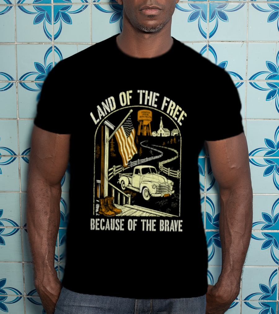 Land Of The Free Because Of The Brave American Patriotic Farm Truck With Flag And Country Landscape T-Shirt