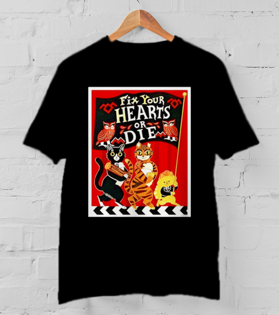 Twin Peaks Cats Fix Your Hearts Or Die David Lynch Owls Red Banner T-Shirt